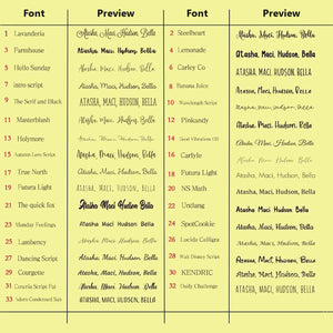 Embroidery font chart with 33 lettering styles