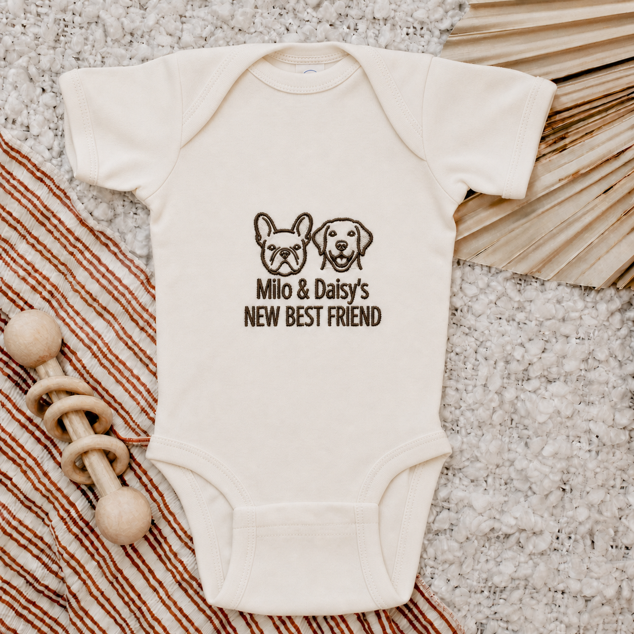 Custom Embroidered French Bulldog and Labrador Baby Onesie | Personalized Two Pet Names Bodysuit, New Best Friend