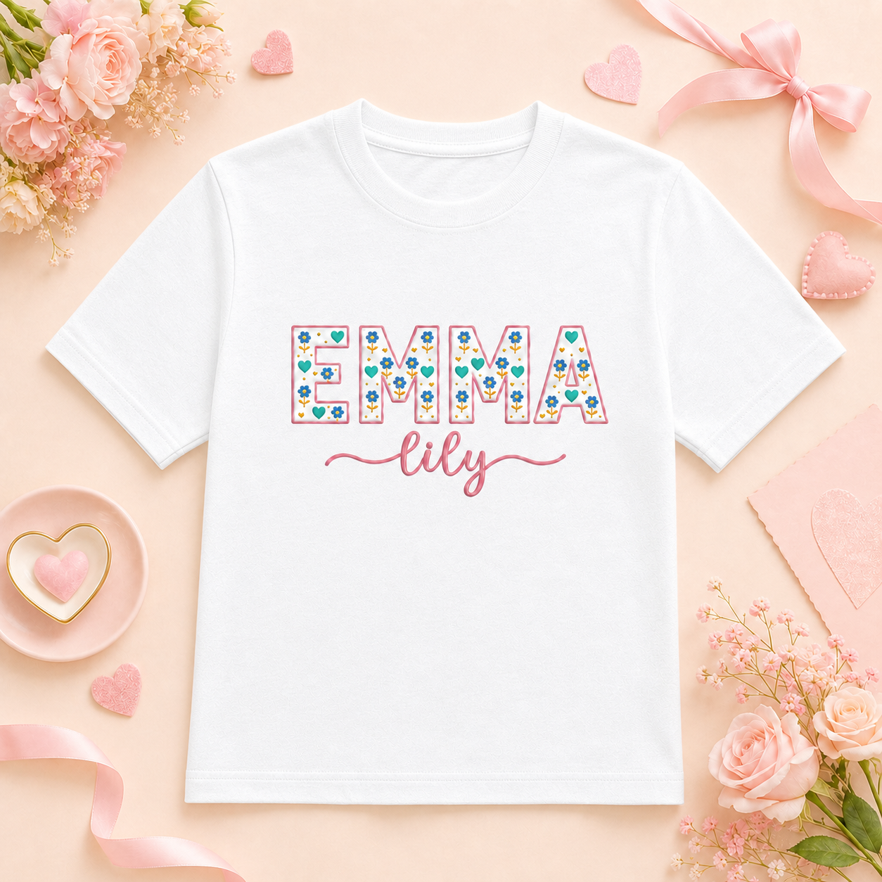 Custom Name Embroidered Youth T-Shirt | Personalized Floral Letter Back to School Kids Tee