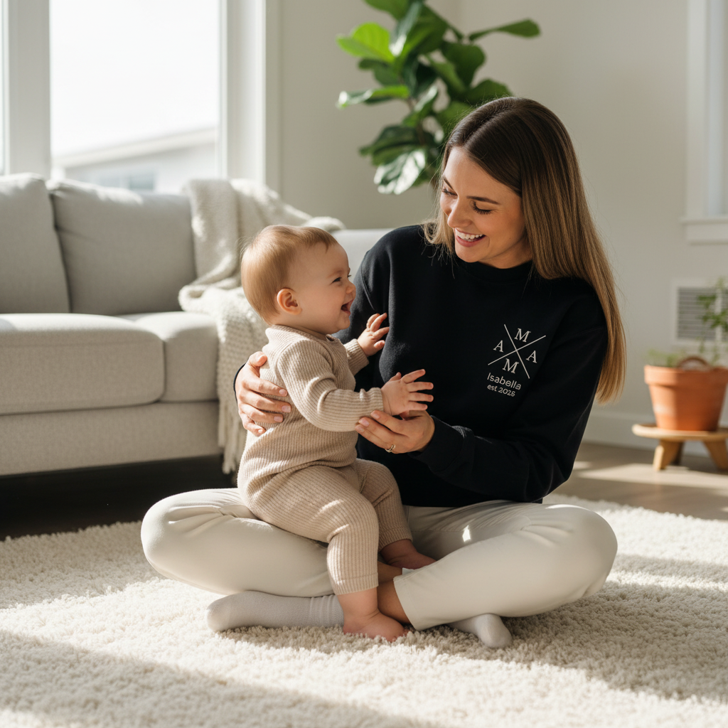 Modern Mama Cross Monogram Embroidered Sweatshirt with Custom Kid Name | Mom Gift