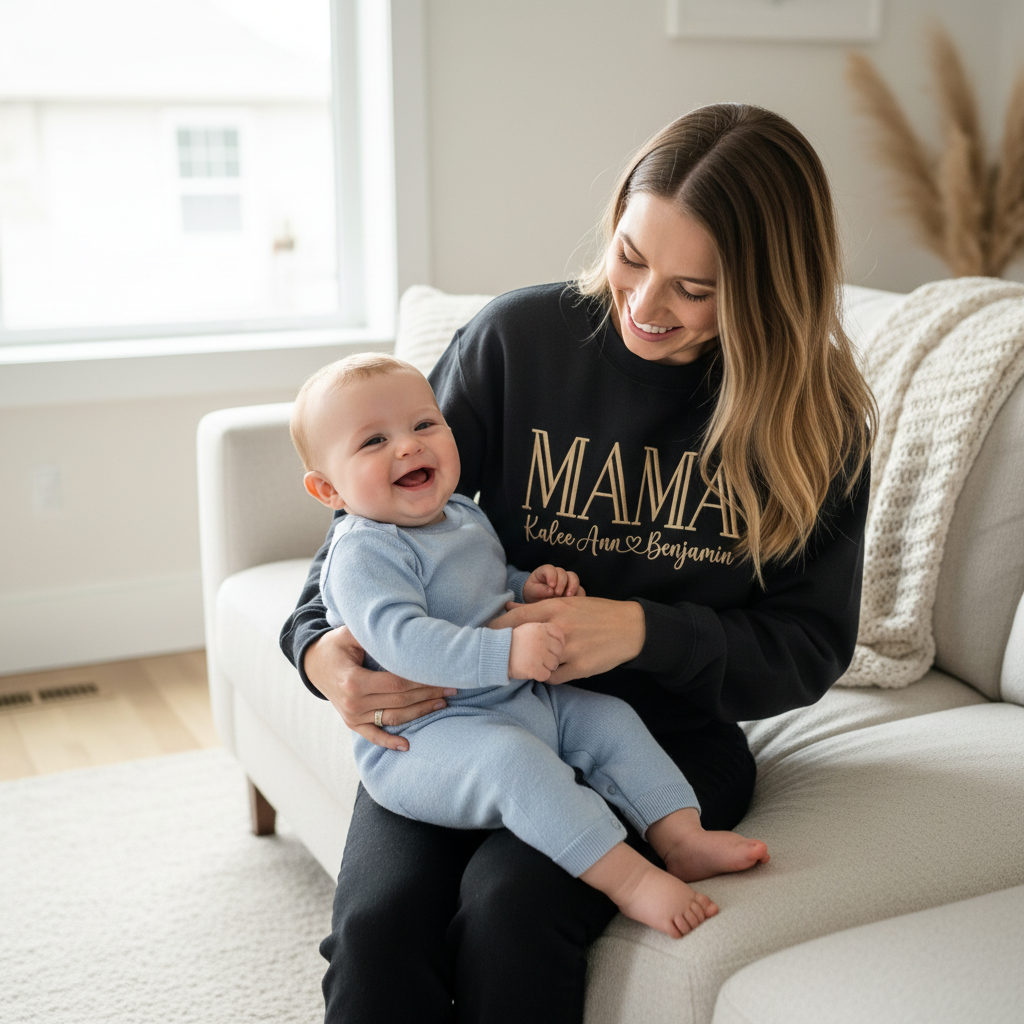 Personalized Mama Varsity Embroidered Sweatshirt with Kids Names & Heart | Mom Gift
