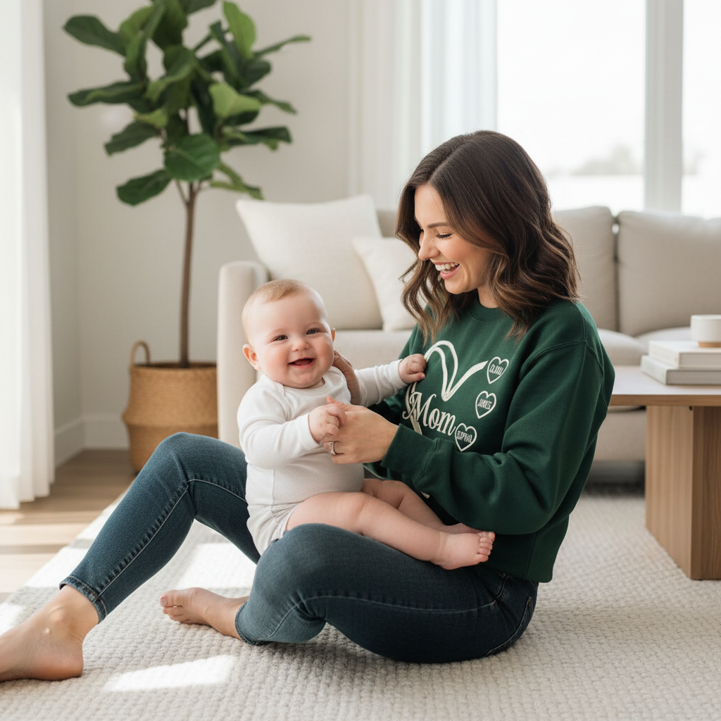 Custom Mom Heart with Kids Names Embroidered Sweatshirt | Mother's Day Heart Mom Gift
