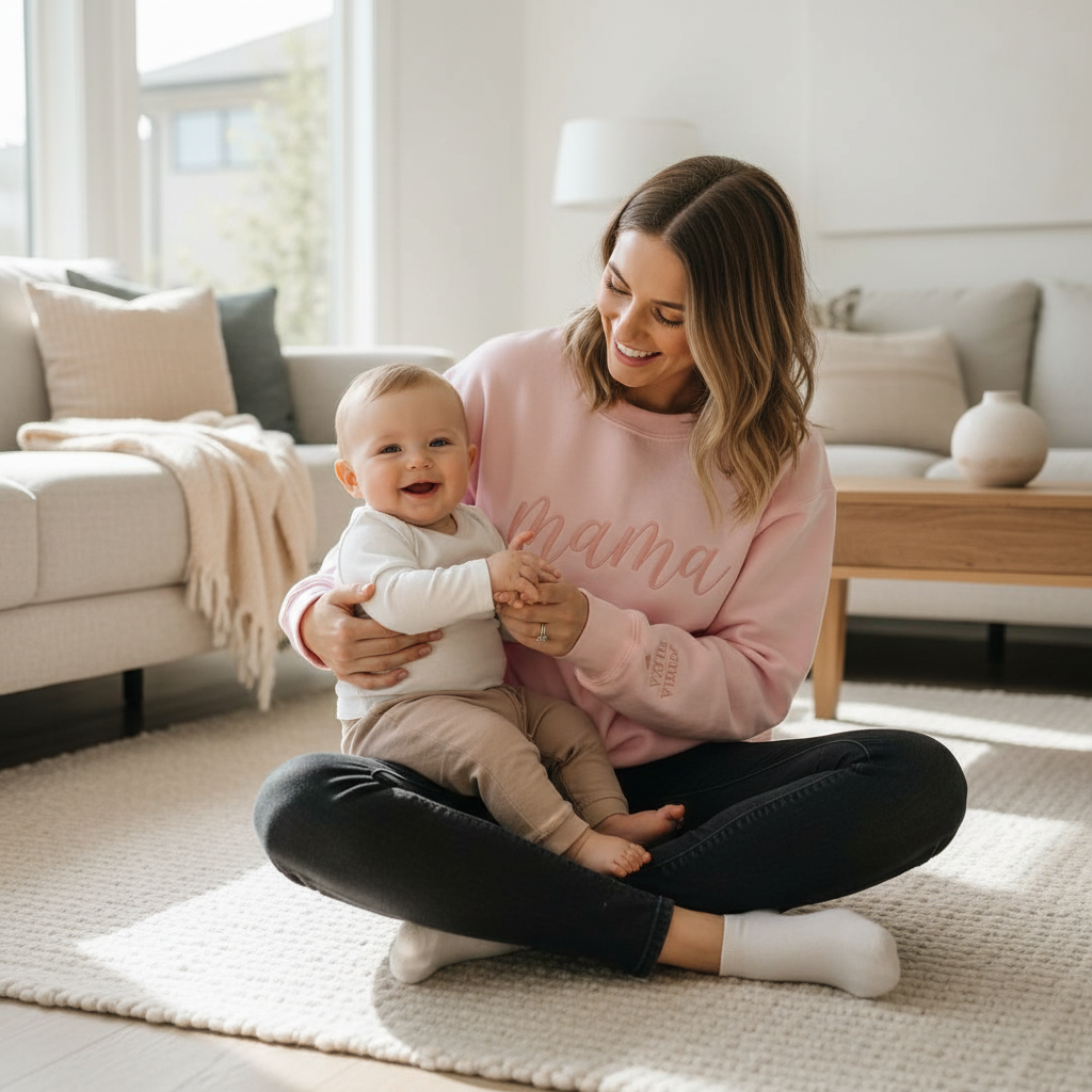 Custom Mama Script Embroidered Sweatshirt with Kids Names on Sleeve | Mom Mother's Day Gift