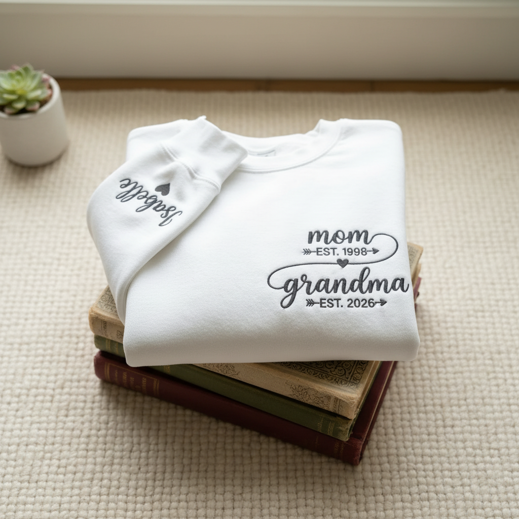 Personalized Mom Est. to Grandma Est. Timeline Embroidered Sweatshirt | New Grandma Gift