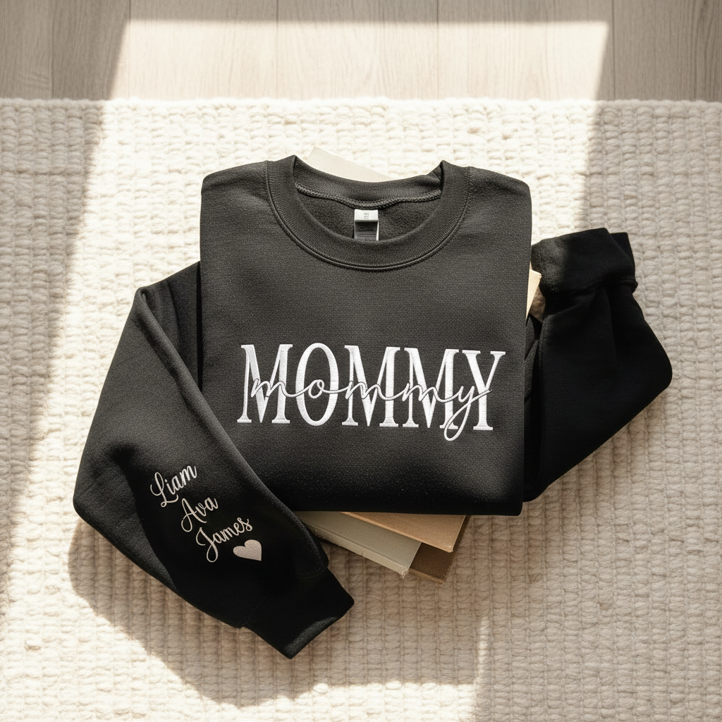Custom Mommy Layered Embroidered Sweatshirt with Kids Names on Sleeve | Mom Gift