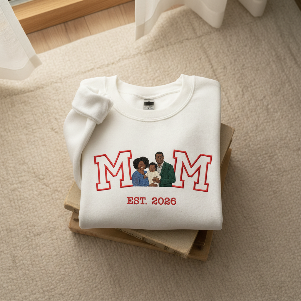 Custom Family Portrait Mom Letterform Embroidered Sweatshirt | Personalized Photo Mom Gift