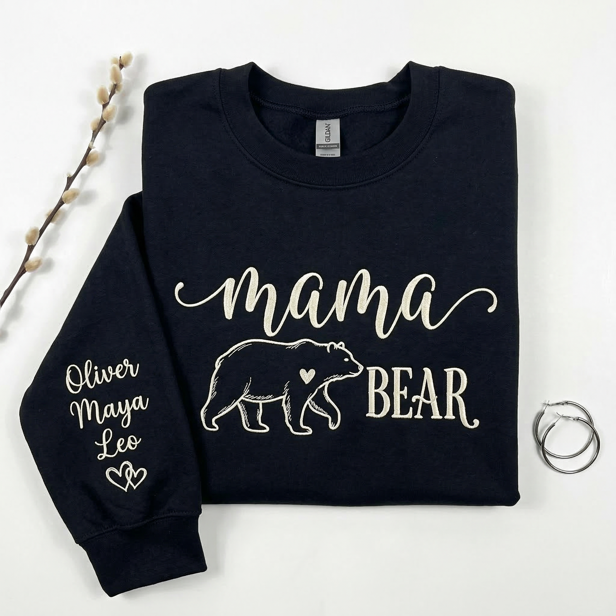 Personalized Mama Bear Cursive Embroidered Sweatshirt with Bear Icons & Kids Names | Mom Gift