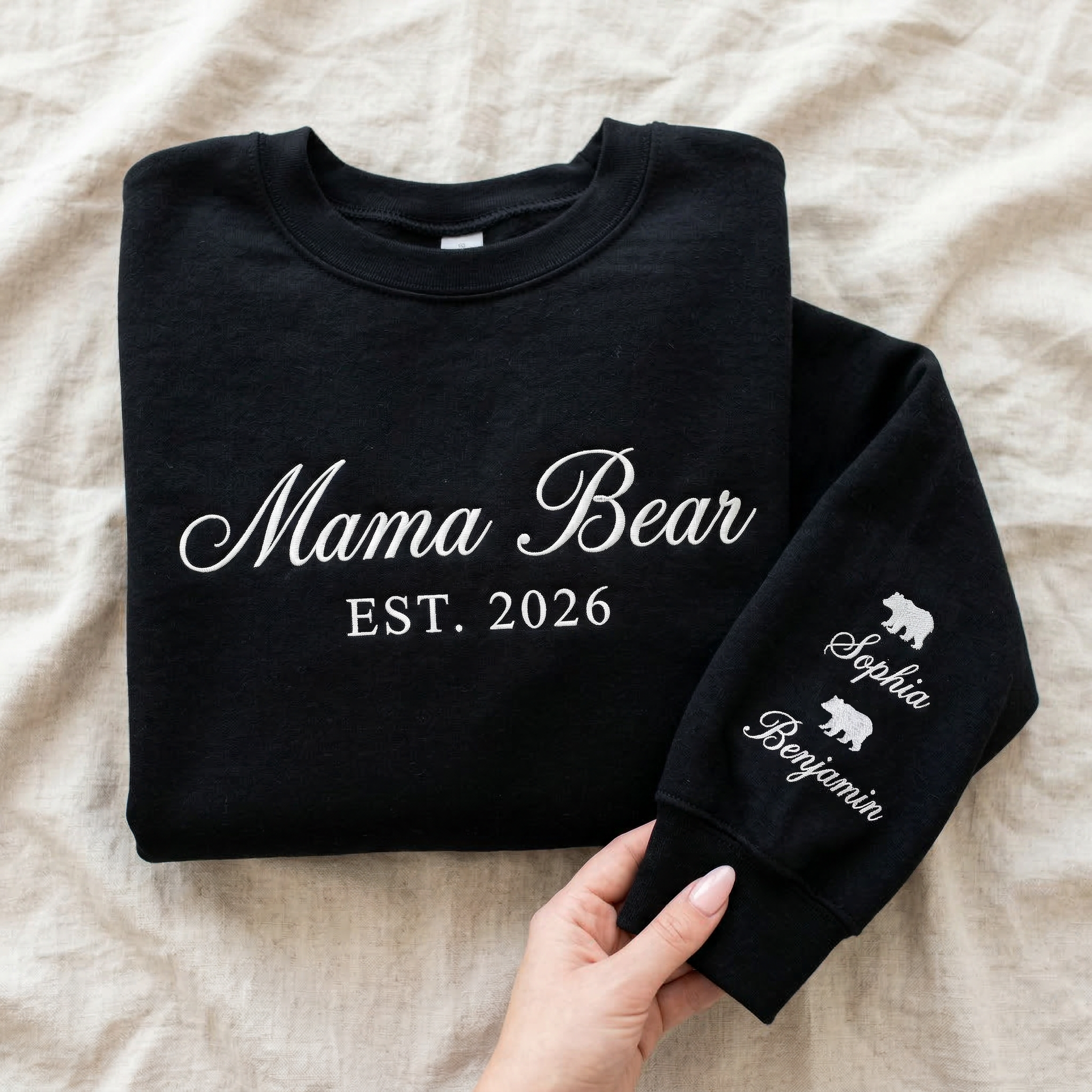 Personalized Mama Bear Est. Year Cursive Embroidered Sweatshirt with Cubs Names | Mom Gift