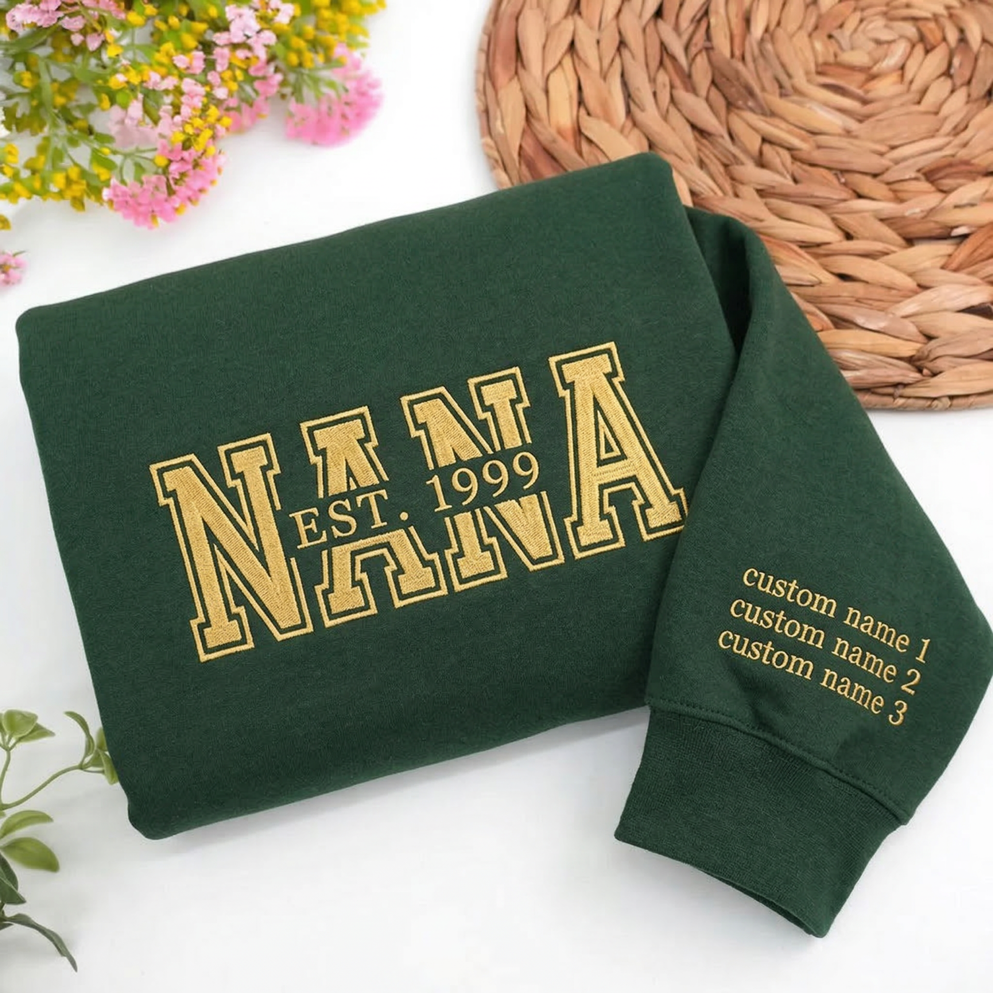 Personalized Nana Est. Year Varsity Embroidered Sweatshirt with Grandkids Names | Nana Gift