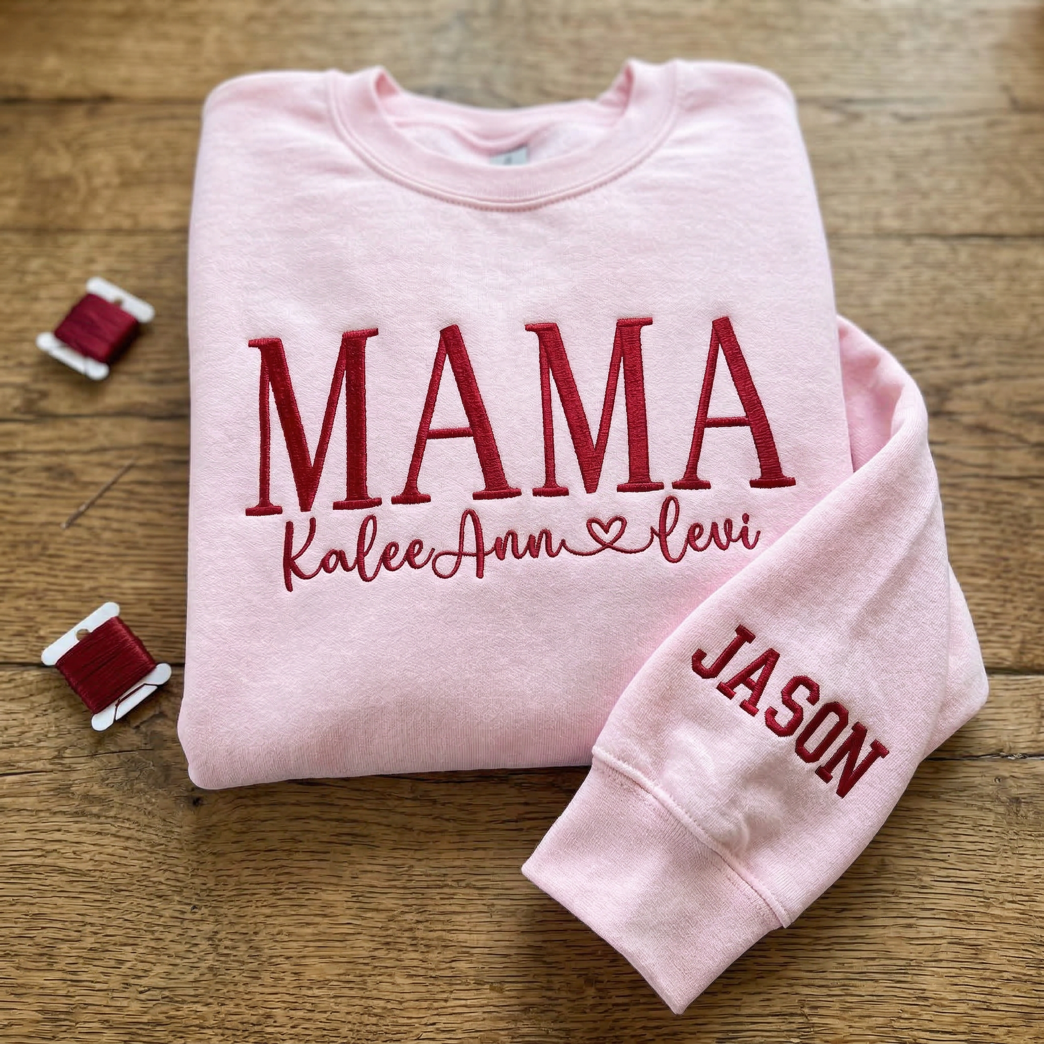 Personalized Mama Varsity Pink Embroidered Sweatshirt with Kids Names | Soft Mom Gift