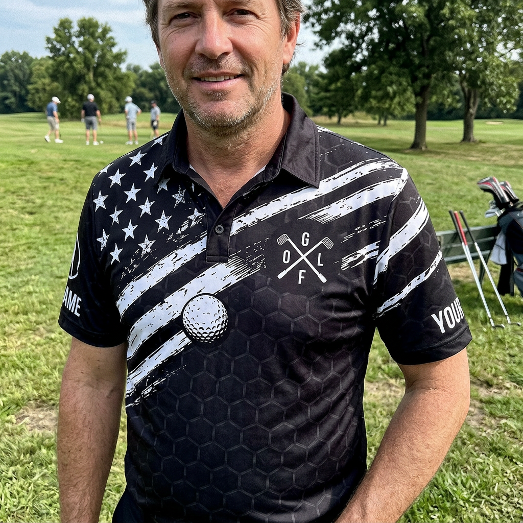 Custom 3D Polo Shirt Swing Swear Golf Repeat – Personalized American Flag Funny Black Golf Polo with Name