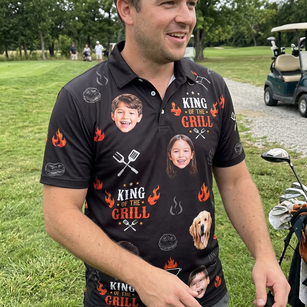 Custom Face 3D Polo Shirt King of the Grill – Personalized Photo BBQ Polo, Father's Day Gift for Grill Dad
