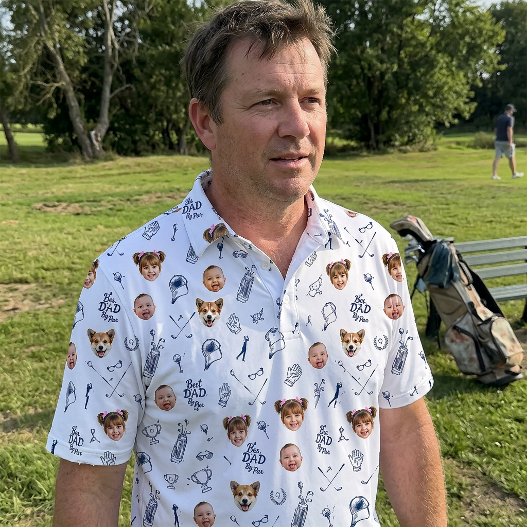 Custom Face 3D Polo Shirt Dad By Par – Personalized Photo Golf Doodle White Polo, Funny Father's Day Gift
