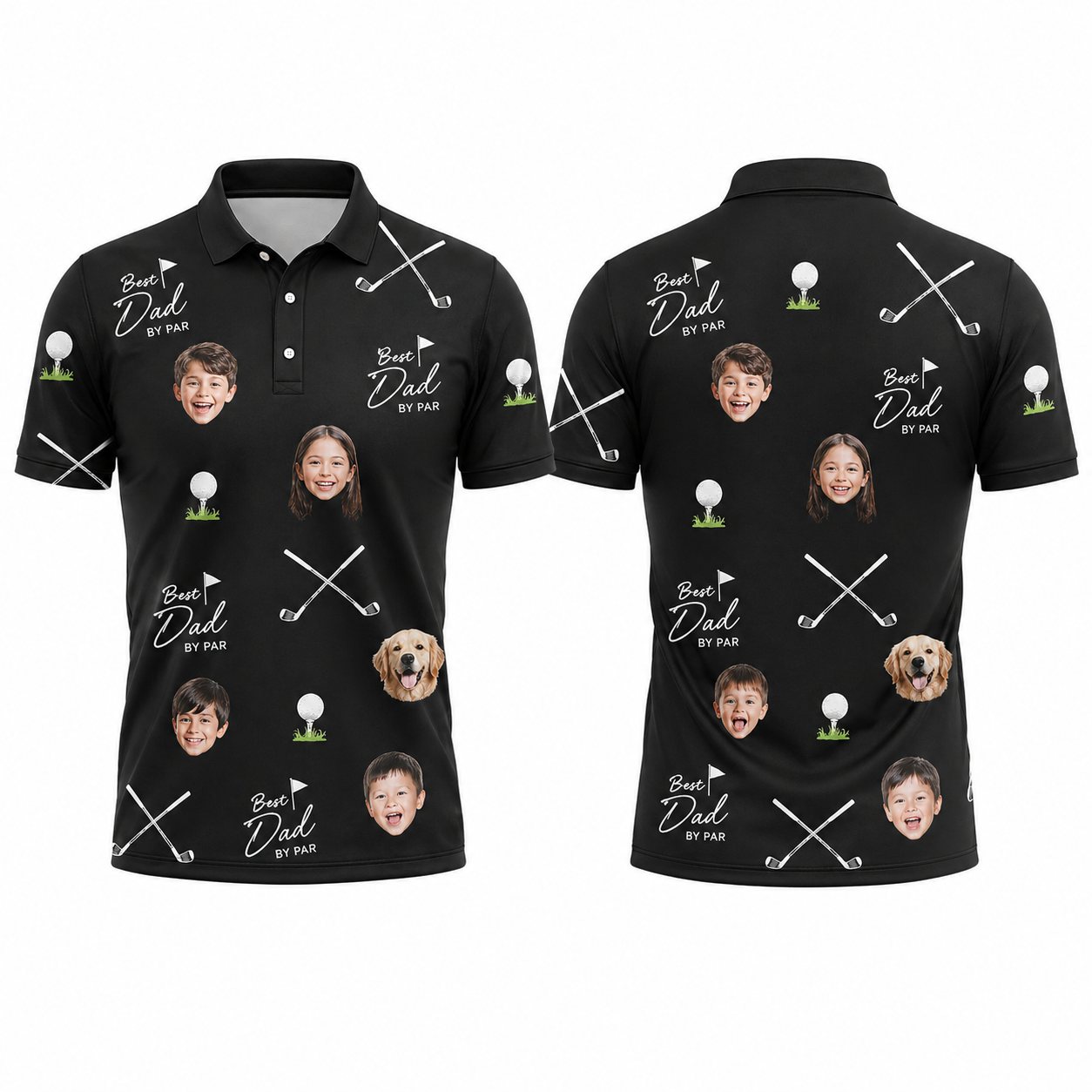 Custom Face 3D Polo Shirt Best Dad By Par – Personalized Photo Black Golf Polo with Kids and Dog Faces, Father's Day Gift