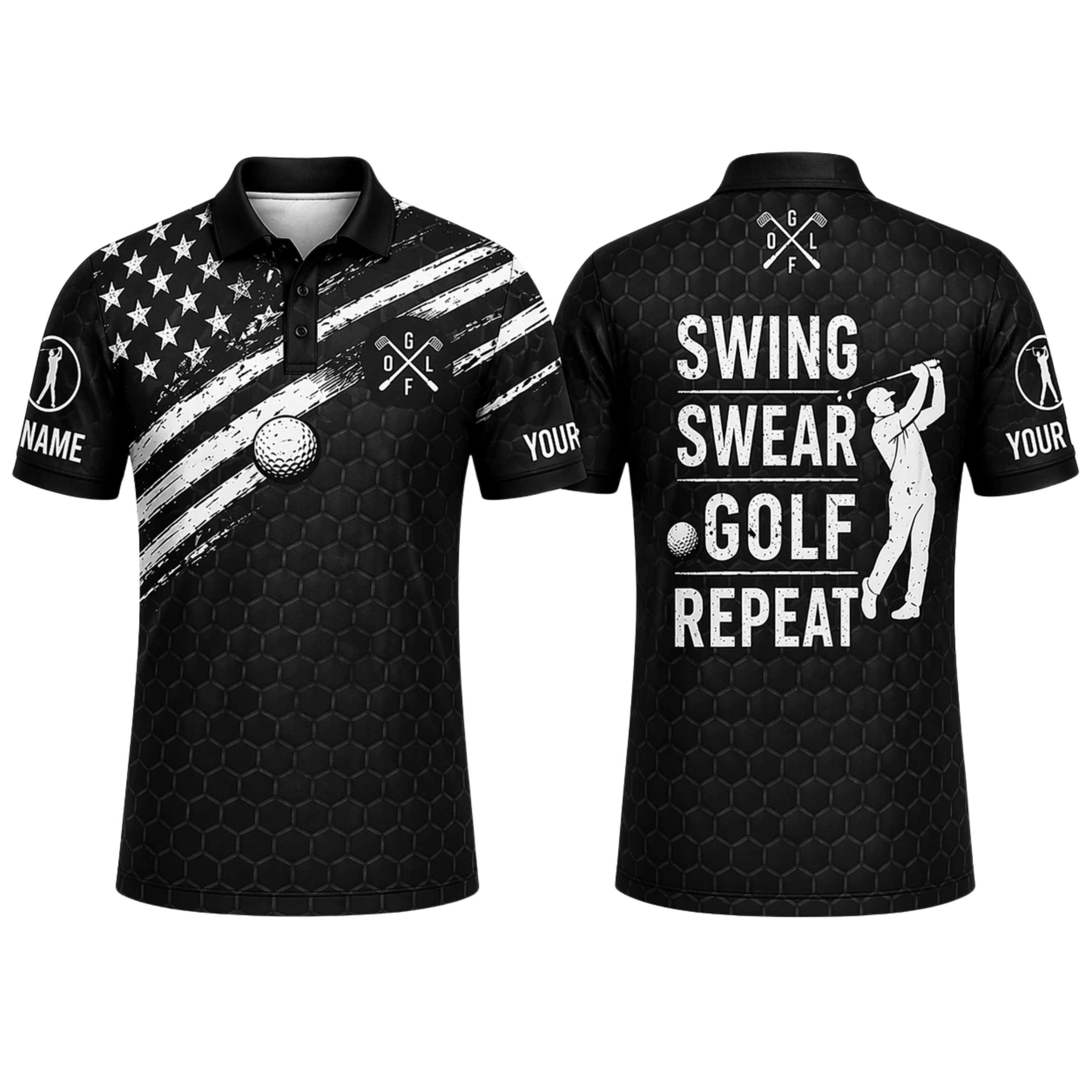 Custom 3D Polo Shirt Swing Swear Golf Repeat – Personalized American Flag Funny Black Golf Polo with Name