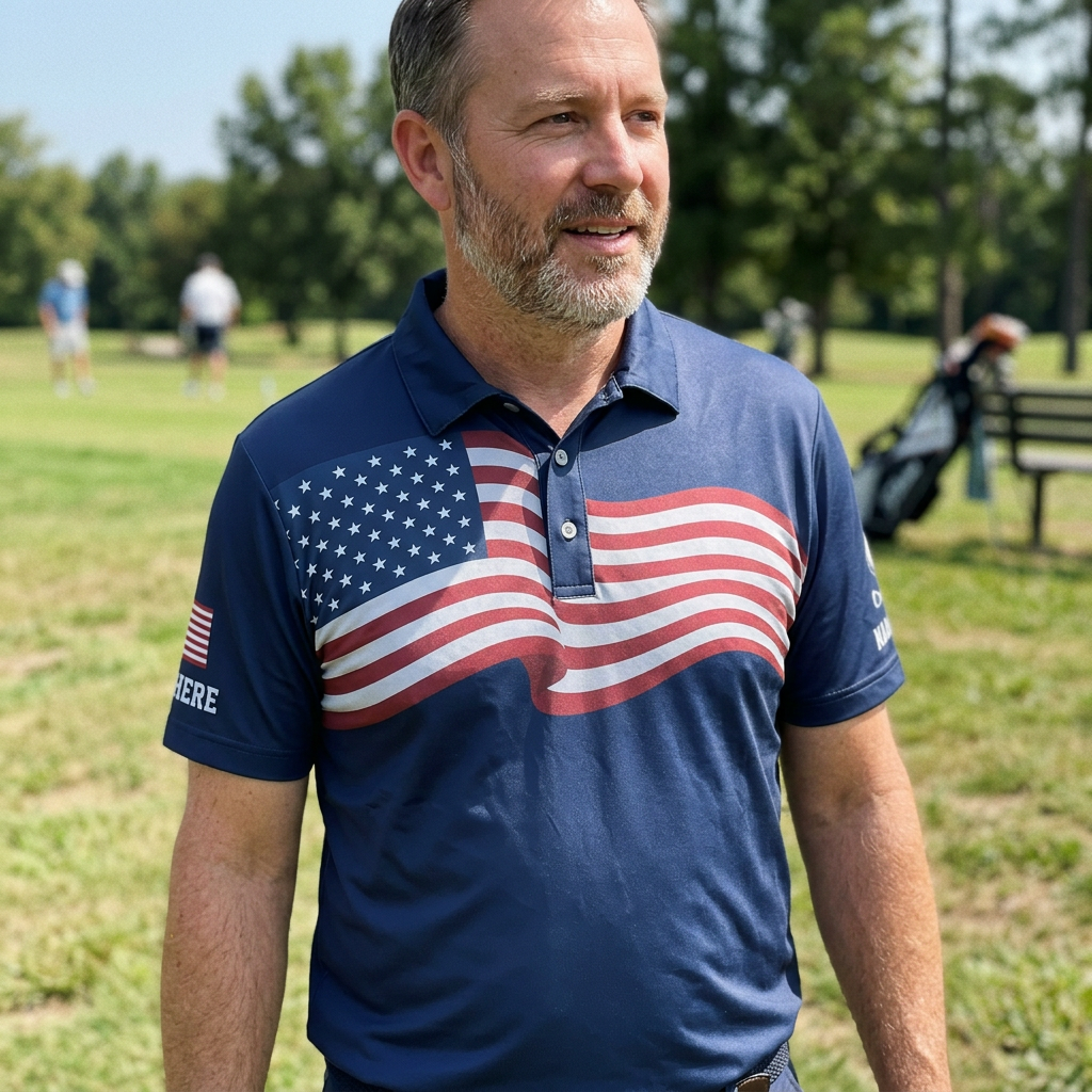 Custom 3D Polo Shirt Best Dad By Par – Personalized Navy American Flag Golf Polo Father's Day Gift with Name