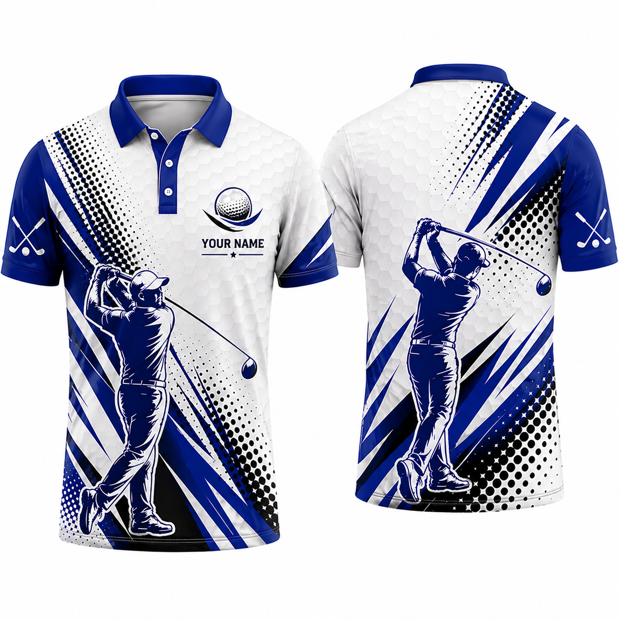 Custom 3D Polo Shirt Golfer Silhouette – Personalized Blue White Golf Polo with Name, Modern Athletic Gift