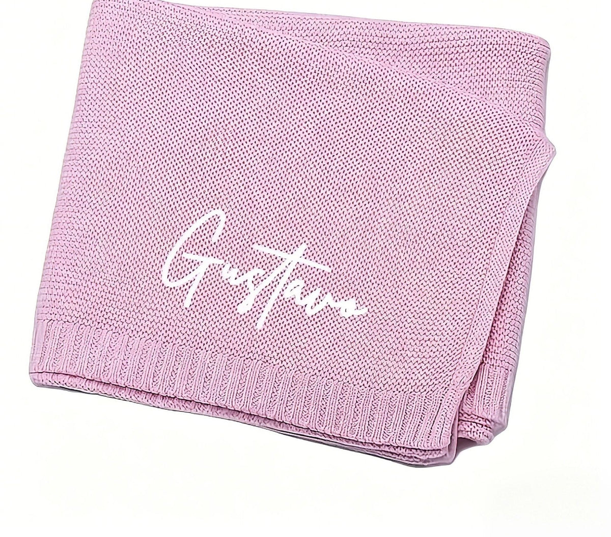 Lavender knit baby blanket embroidered with Gustavo in white