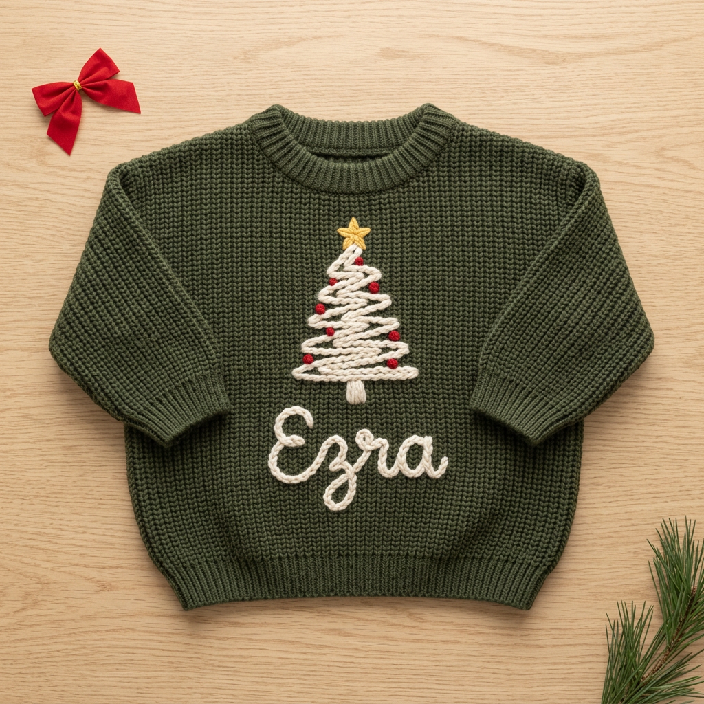 Personalized baby Christmas sweater, hand embroidered Christmas tree above name, flat lay