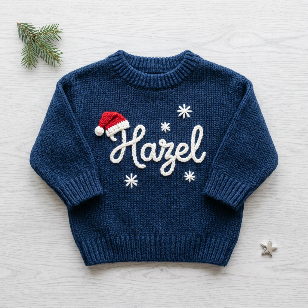 Personalized baby Christmas sweater, hand embroidered santa hat & snowflakes, flat lay