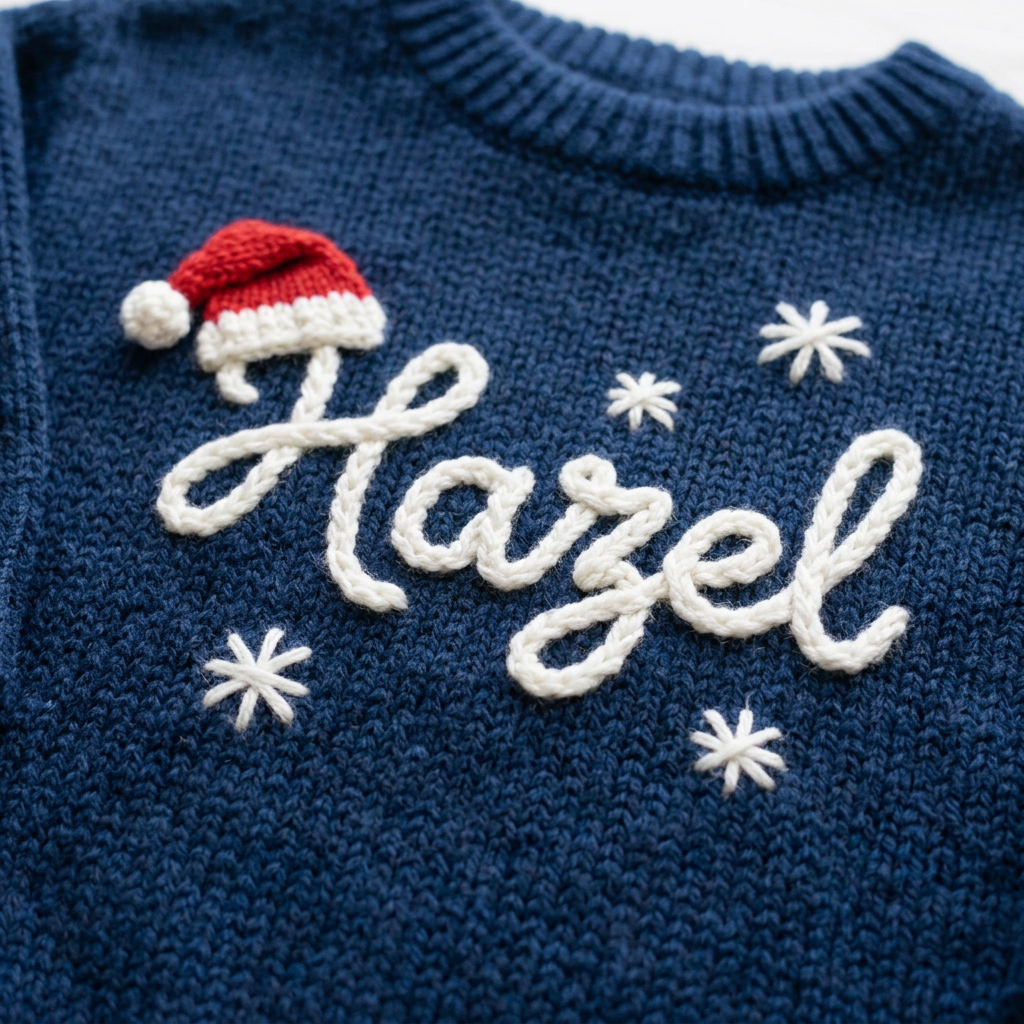 Close-up of hand embroidered santa hat & snowflakes on chunky knit