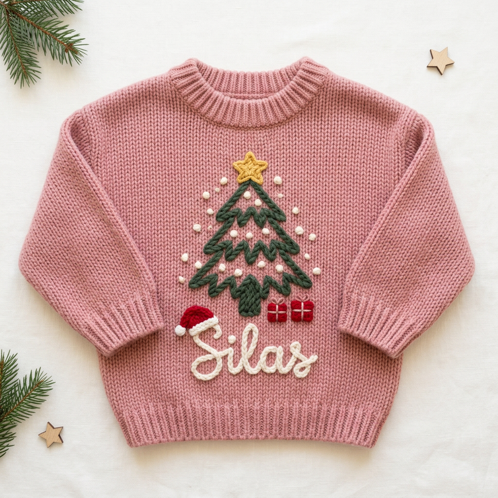 Personalized baby Christmas sweater, hand embroidered Christmas tree & santa hat, flat lay