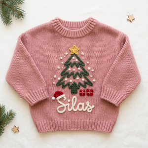 Personalized baby Christmas sweater, hand embroidered Christmas tree & santa hat, flat lay