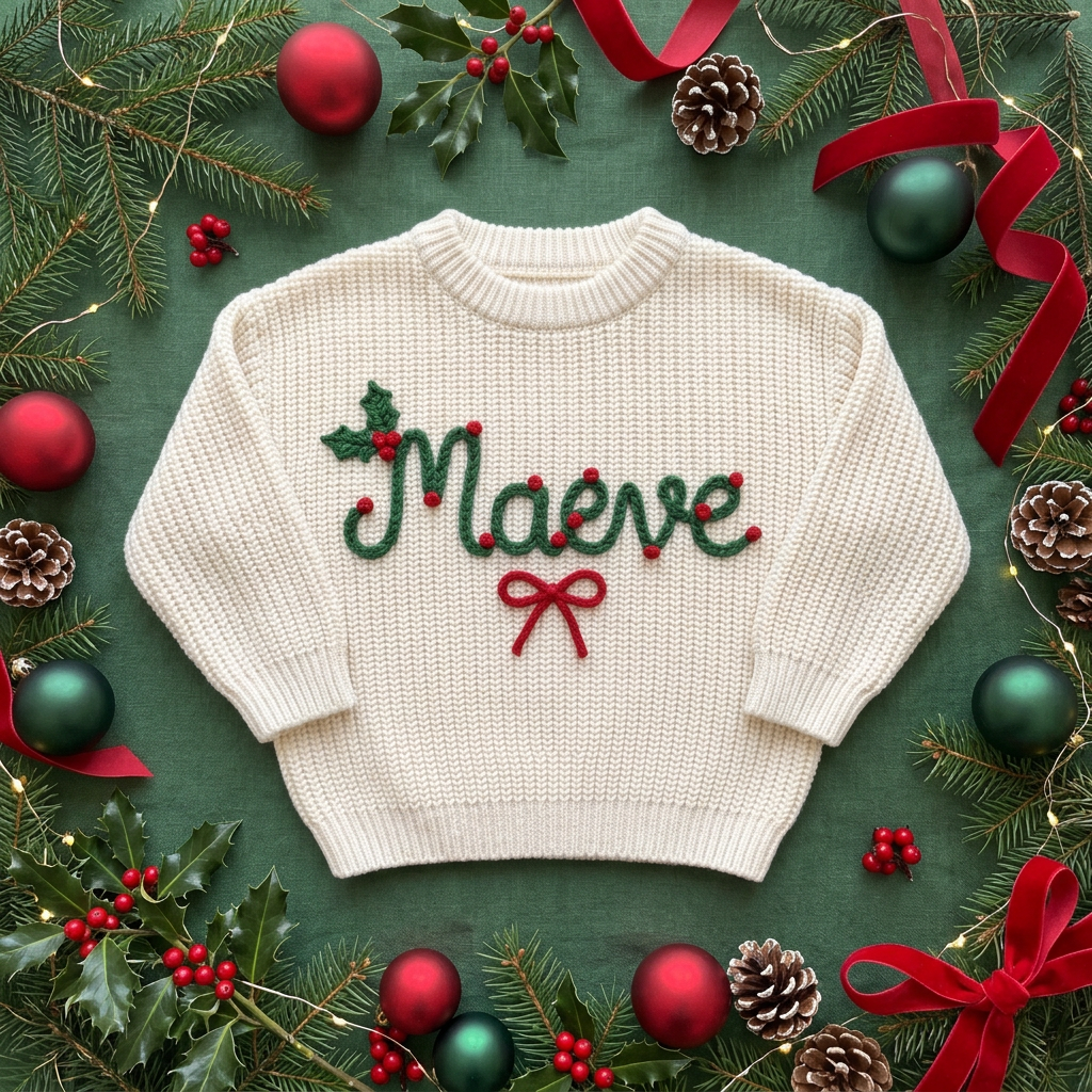 Personalized Christmas sweater with hand embroidered holly berry name & bow among Christmas decorations