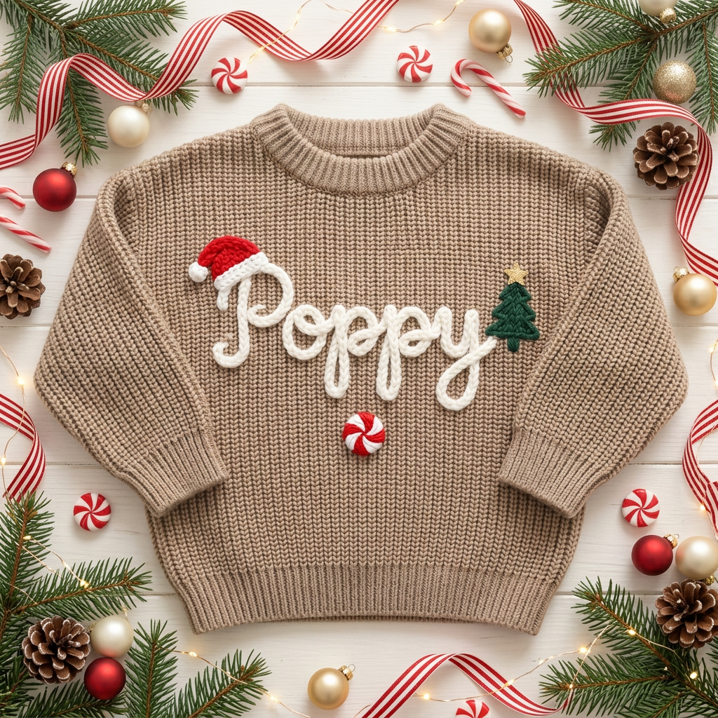 Personalized Christmas sweater with hand embroidered santa hat, tree & peppermint among Christmas decorations