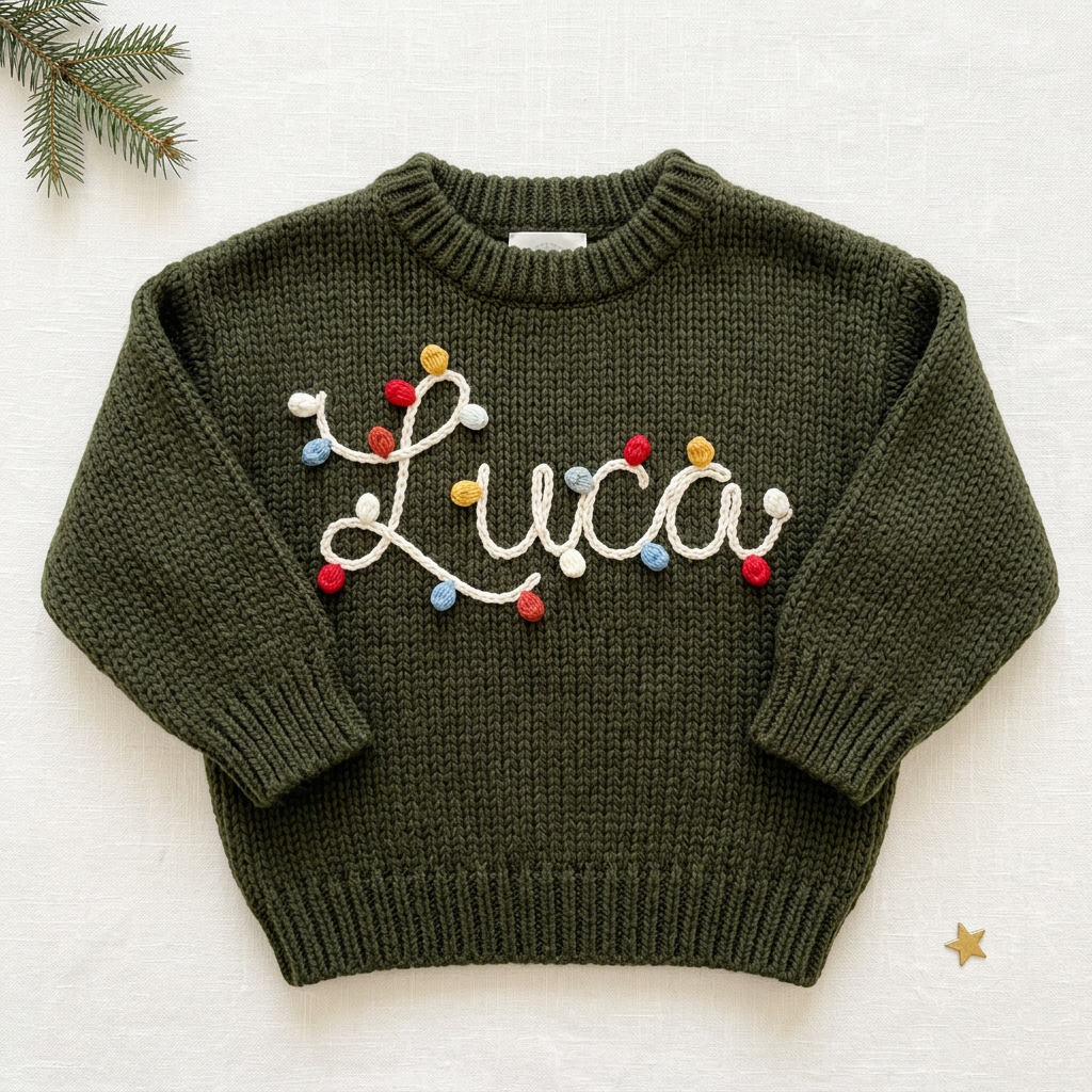Personalized baby Christmas sweater, hand embroidered string lights name, flat lay