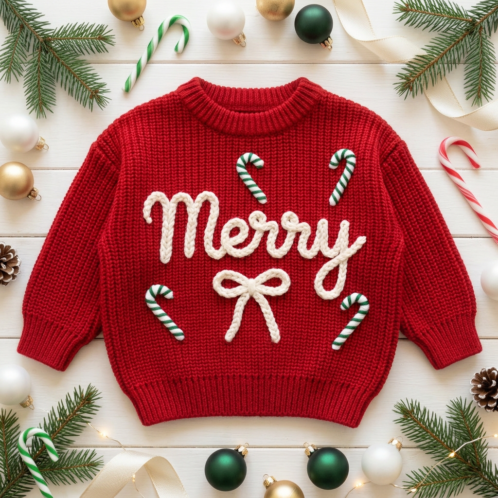 Personalized Christmas sweater with hand embroidered Merry & candy canes among Christmas decorations