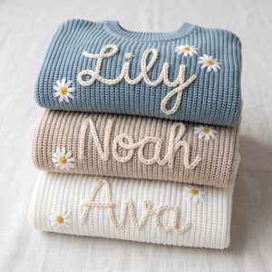 Hand embroidered name sweaters in three knit colors