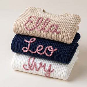 Hand embroidered name sweaters in three knit colors