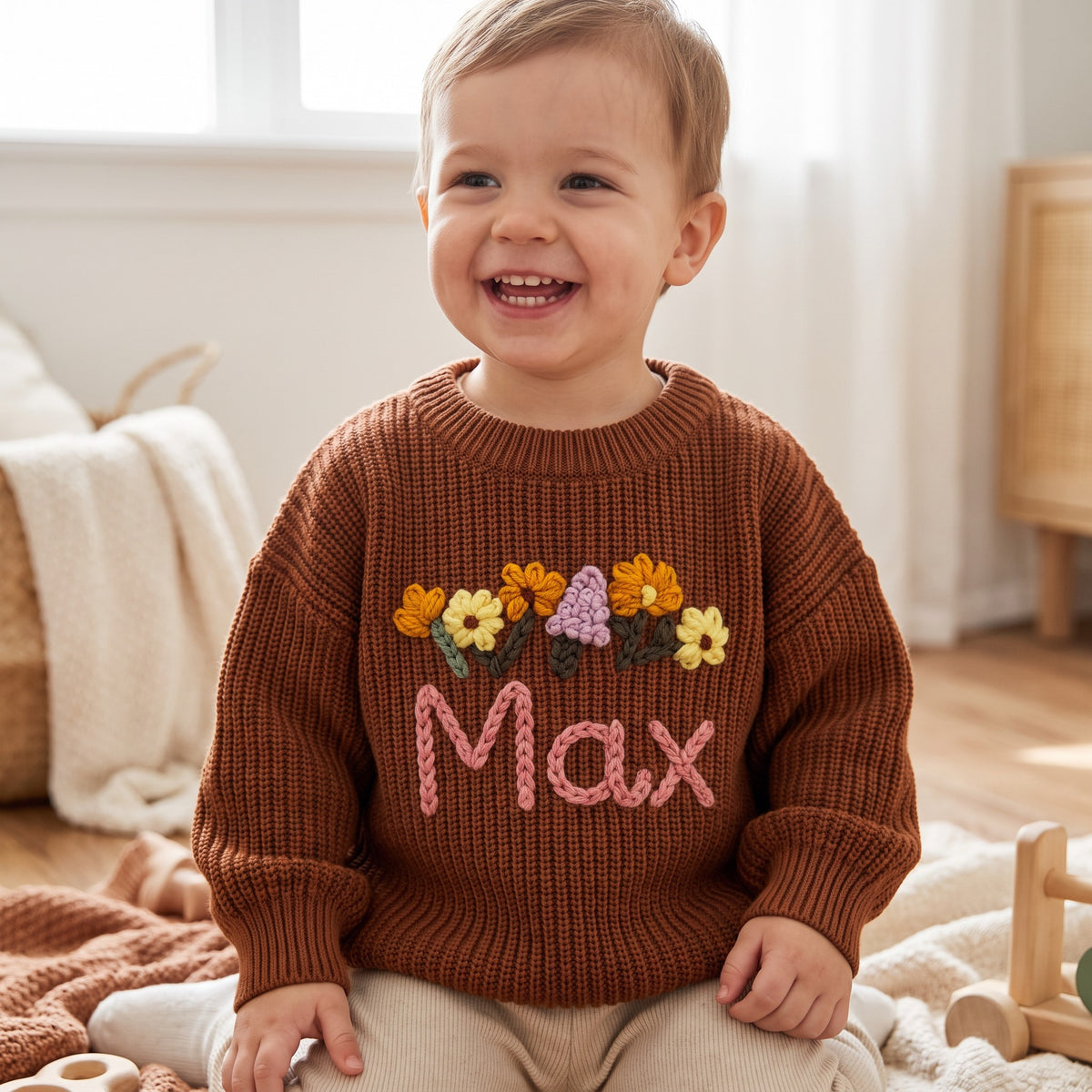 Toddler wearing a personalized hand embroidered name sweater