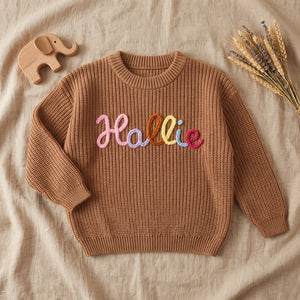 Rainbow Yarn Name Sweater – flat lay