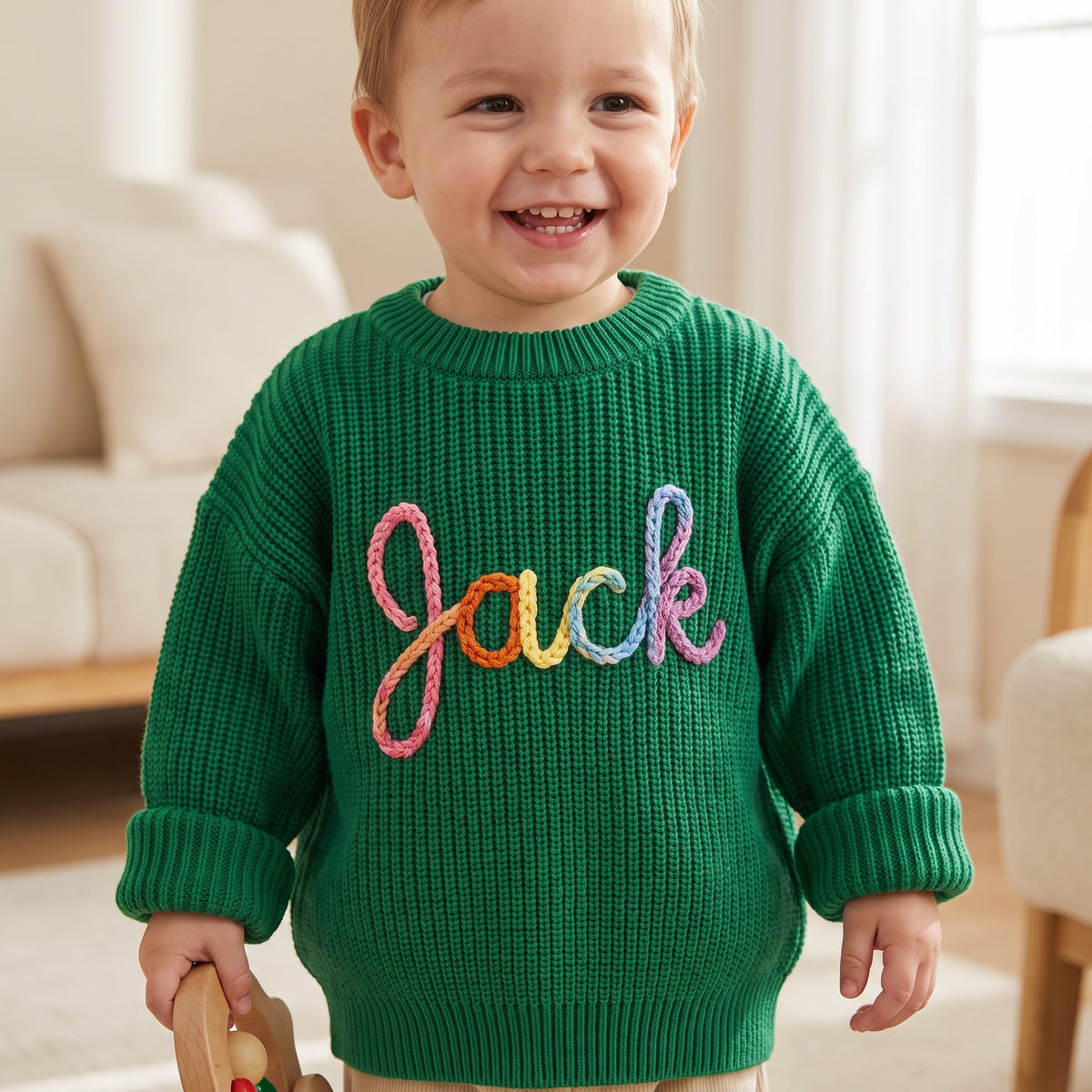 Toddler wearing a personalized hand embroidered name sweater
