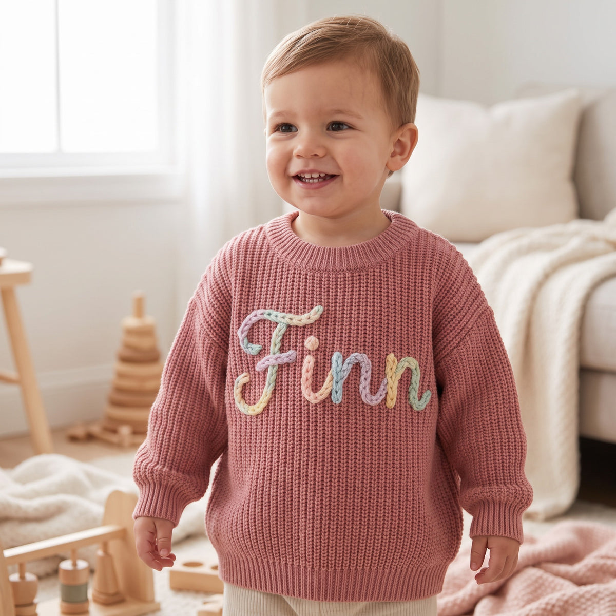 Toddler wearing a personalized hand embroidered name sweater