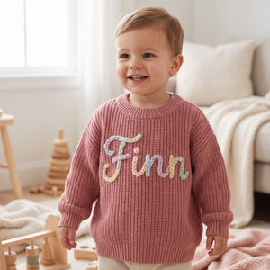 Toddler wearing a personalized hand embroidered name sweater