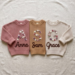 Hand embroidered name sweaters in three knit colors