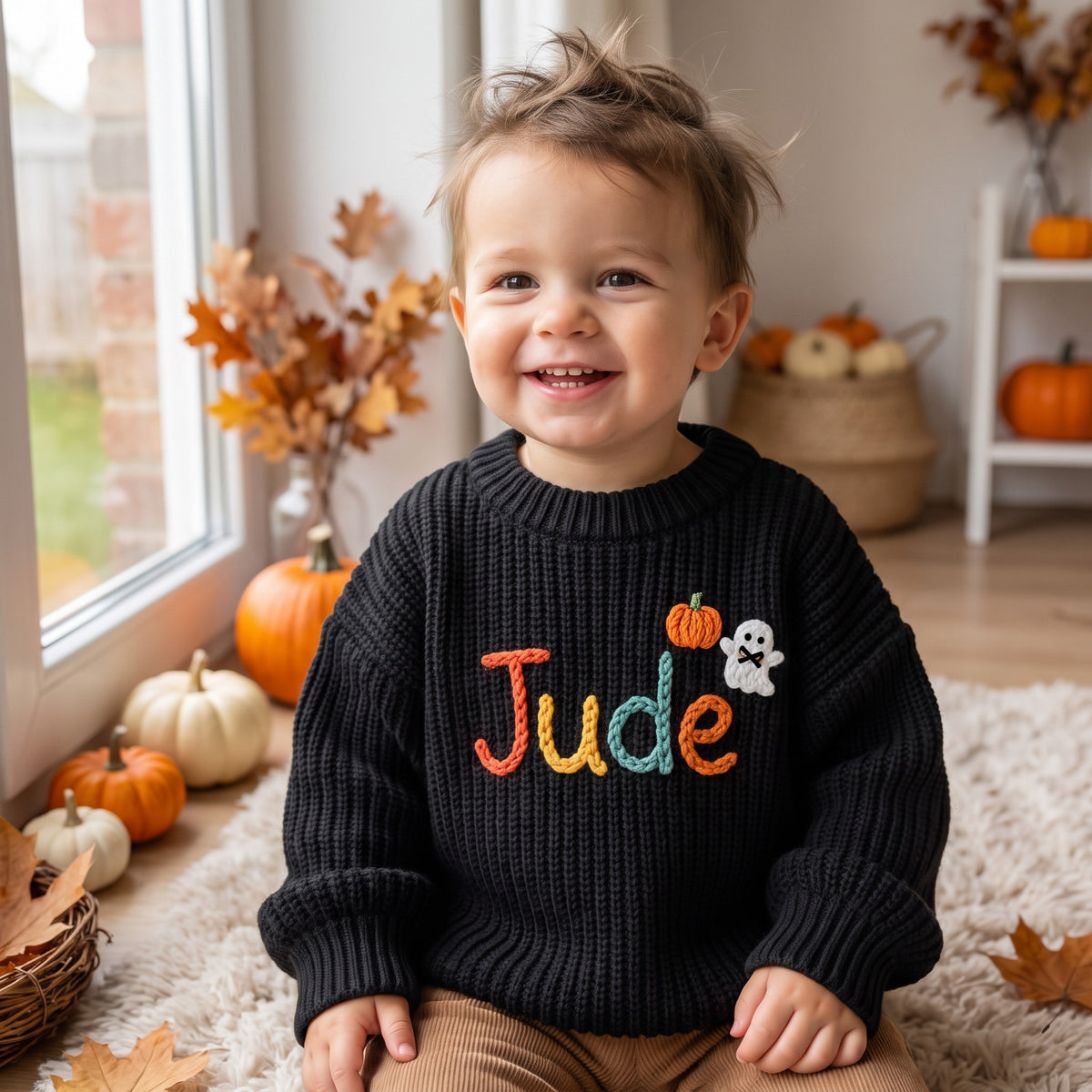 Toddler wearing a personalized hand embroidered name sweater