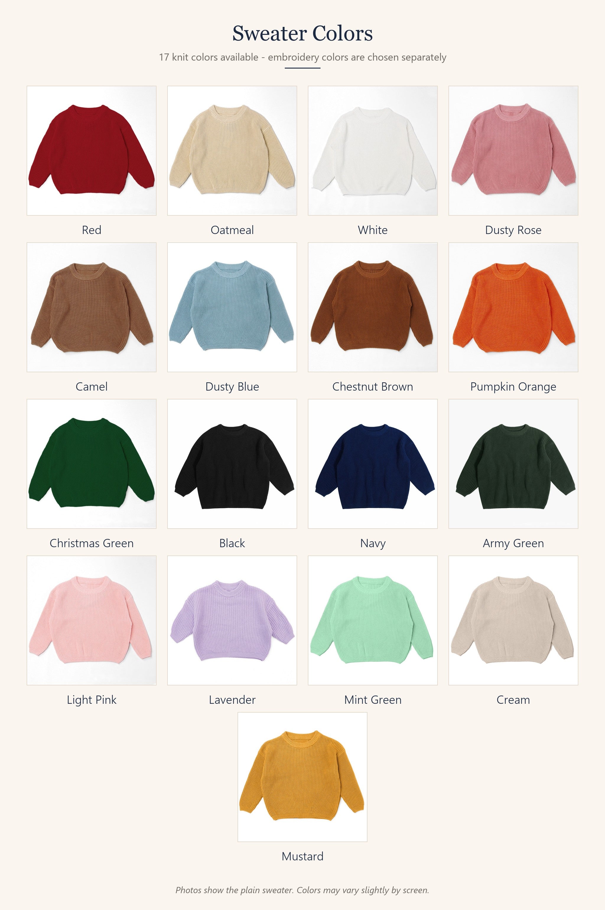 Available knit colors for the hand embroidered kids sweater
