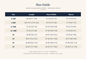 Kids sweater size guide with length, chest width and sleeve measurements