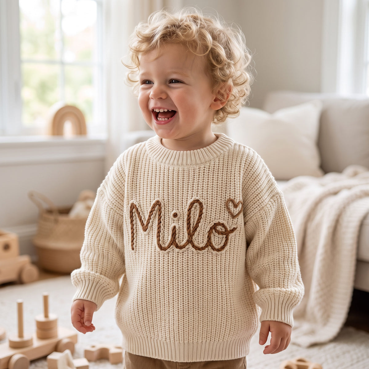 Toddler wearing a personalized hand embroidered name sweater