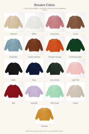 Available knit colors for the hand embroidered kids sweater