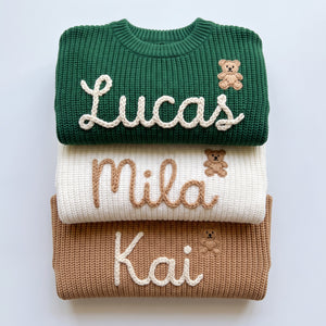 Hand embroidered name sweaters in three knit colors