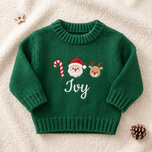 Machine embroidered candy cane, Santa & reindeer baby Christmas sweater, flat lay
