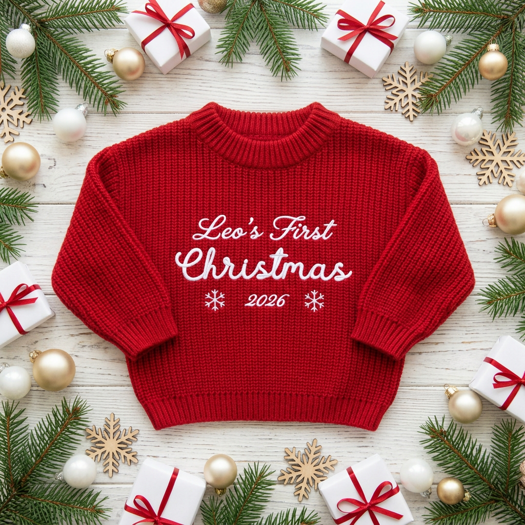 Machine embroidered first Christmas script baby Christmas sweater among Christmas decorations