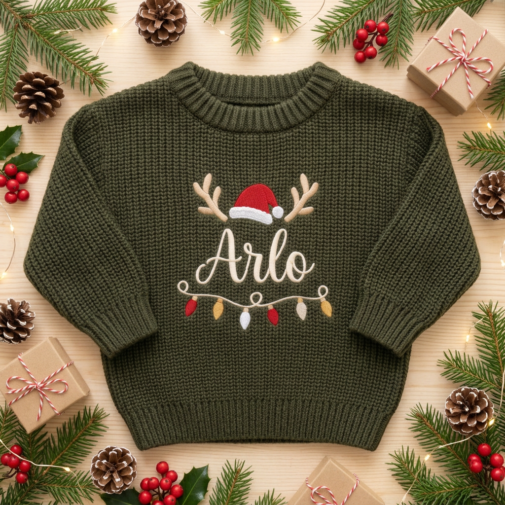 Machine embroidered reindeer antlers, Santa hat & lights baby Christmas sweater among Christmas decorations