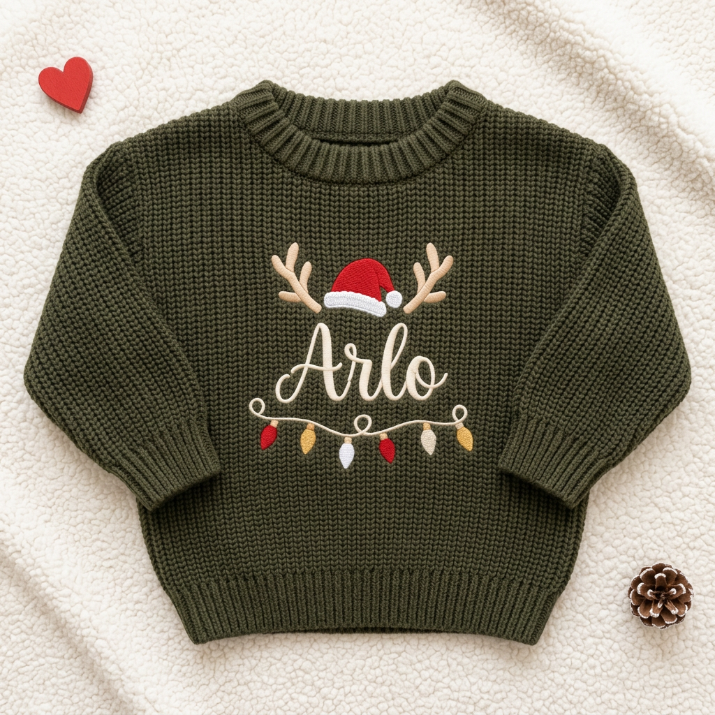 Machine embroidered reindeer antlers, Santa hat & lights baby Christmas sweater, flat lay