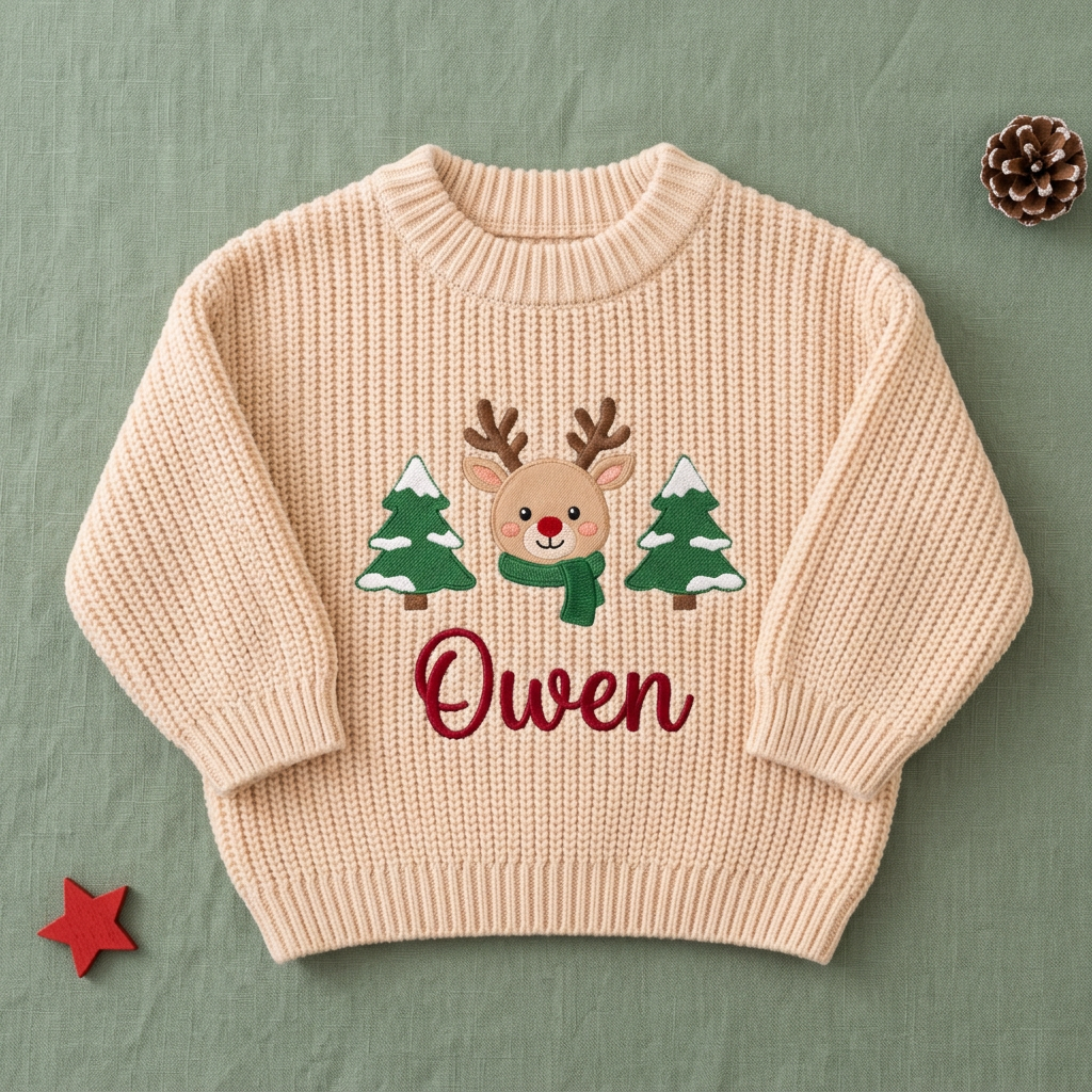 Machine embroidered reindeer & Christmas trees baby Christmas sweater, flat lay